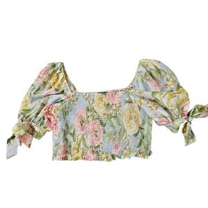 Express SZ XL Cropped Smocked Top with Puffed Sleeve & Bows Floral Cottage Core